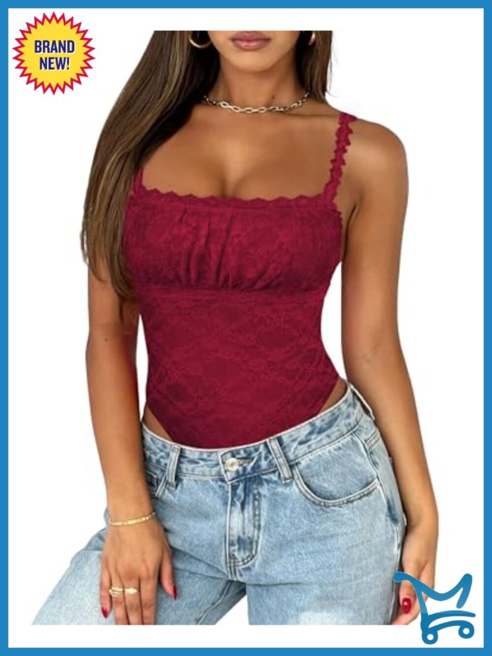 Saslax Women's Square Neck Lace Cami Bodysuit Tank Top Sleeveless Snap Closure